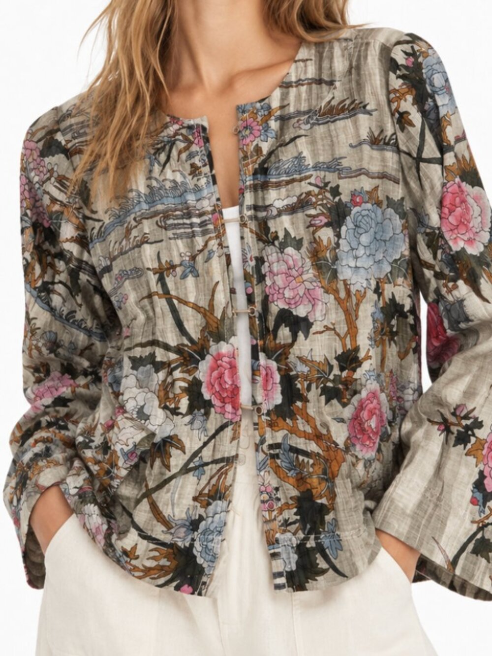 Vintage Citron Santa Monica Linen Blend Floral Artistic Romantic Blouse Top M